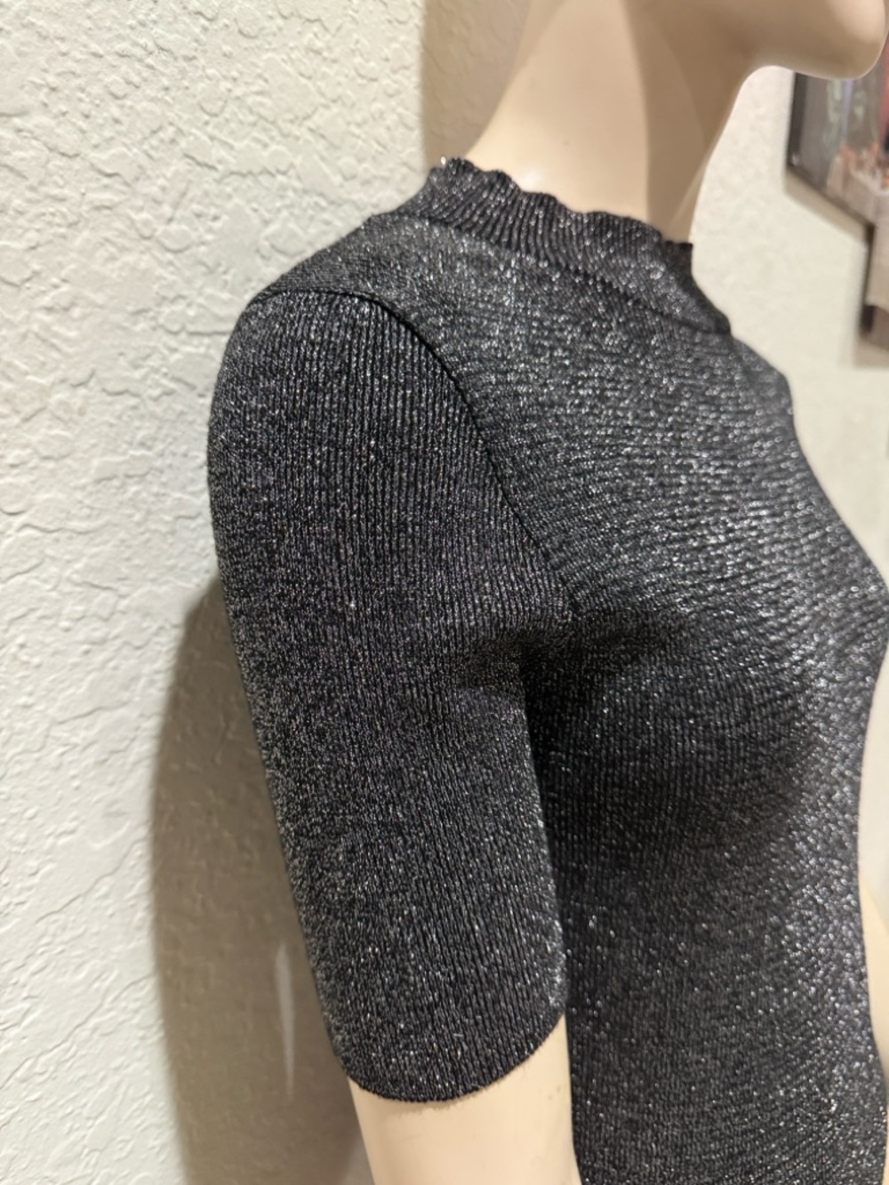 Metallic Black Knit Short-Sleeve Top